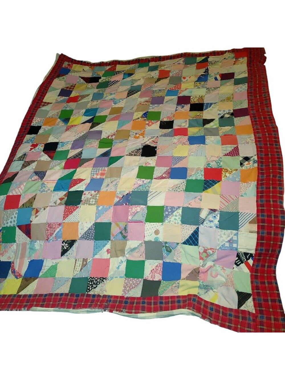 Patchwork Quilt 72 by 62 Vintage Handmade Red Plaid Backing Multicolor Square